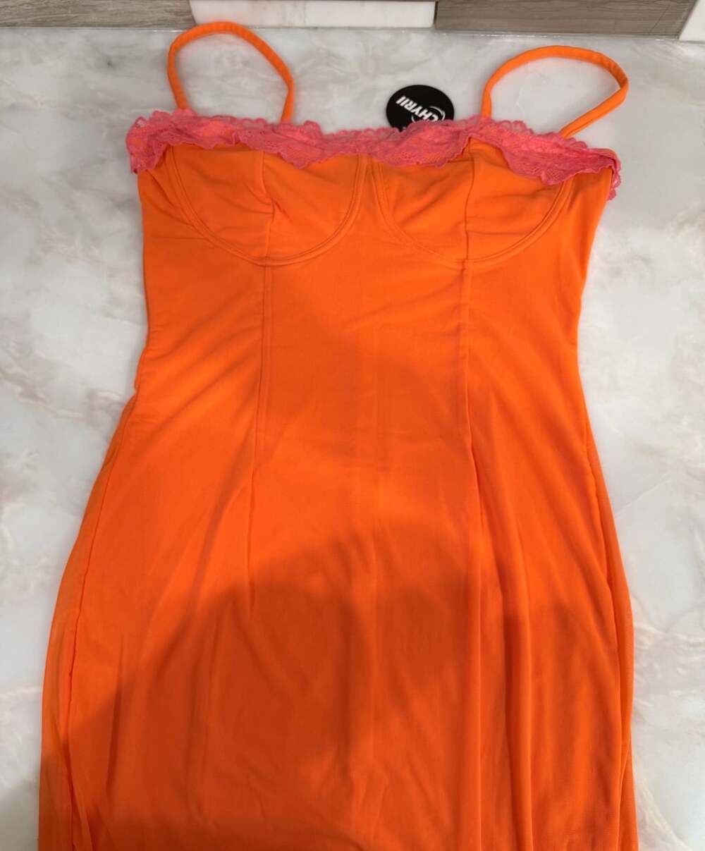 Chyrii Midi Dress Size M Orange Lace Trim